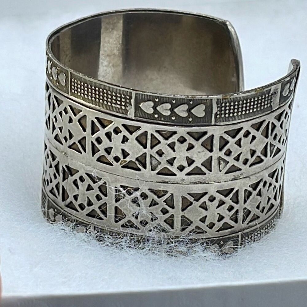 Boho silver plated large cuff ornate bracelet .